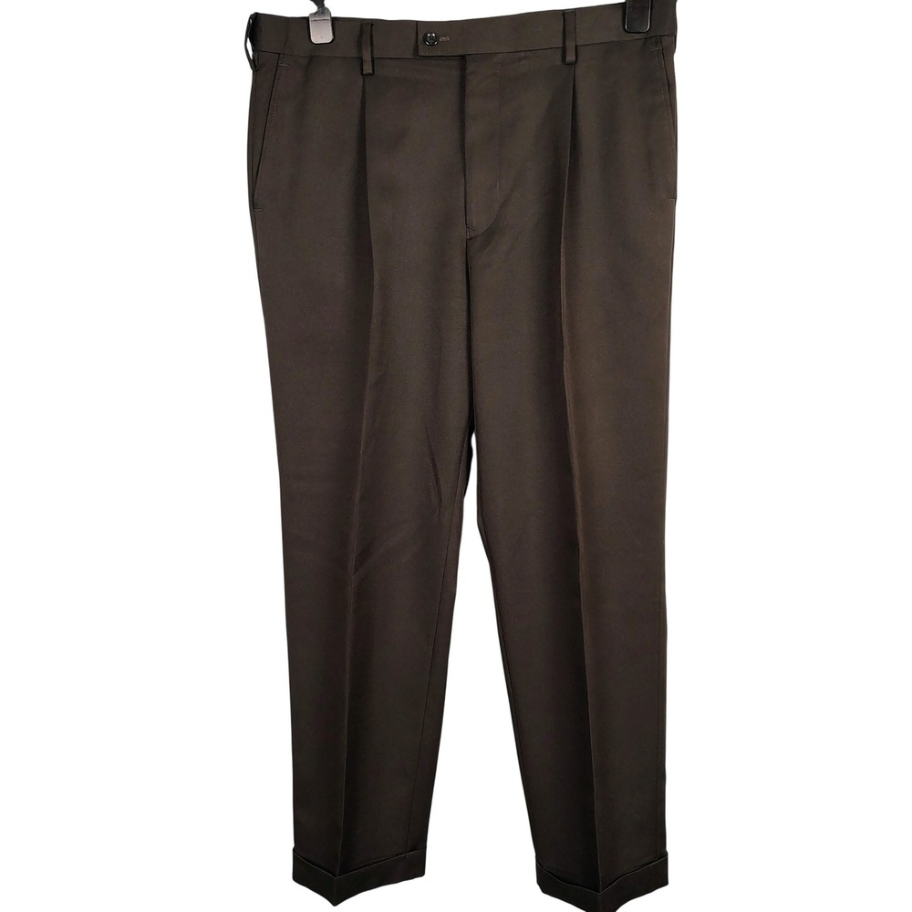 Saddlebred Mens 36x30 Pleated Cuffed Dress Pants Brown Polyester Dark Academia
